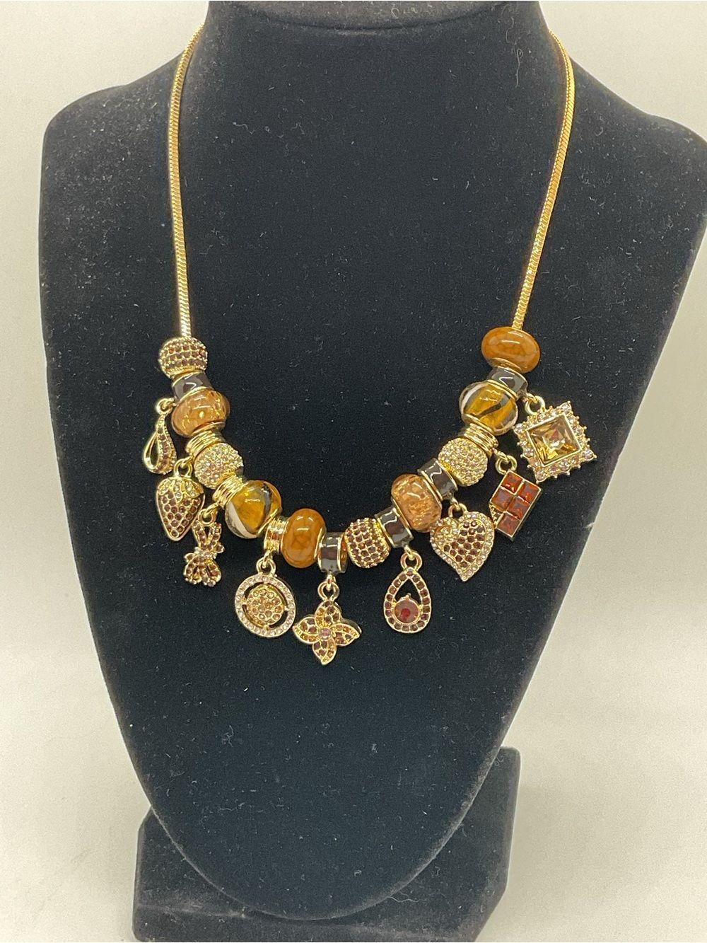Gold-Tone Brown Bead Charm Necklace - Picture 6 of 6